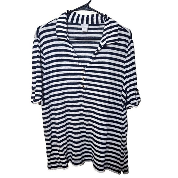 Chicos Womens sz 3 Linen Knit Shirt Polo Black White Stripe buttons collar - Picture 1 of 11